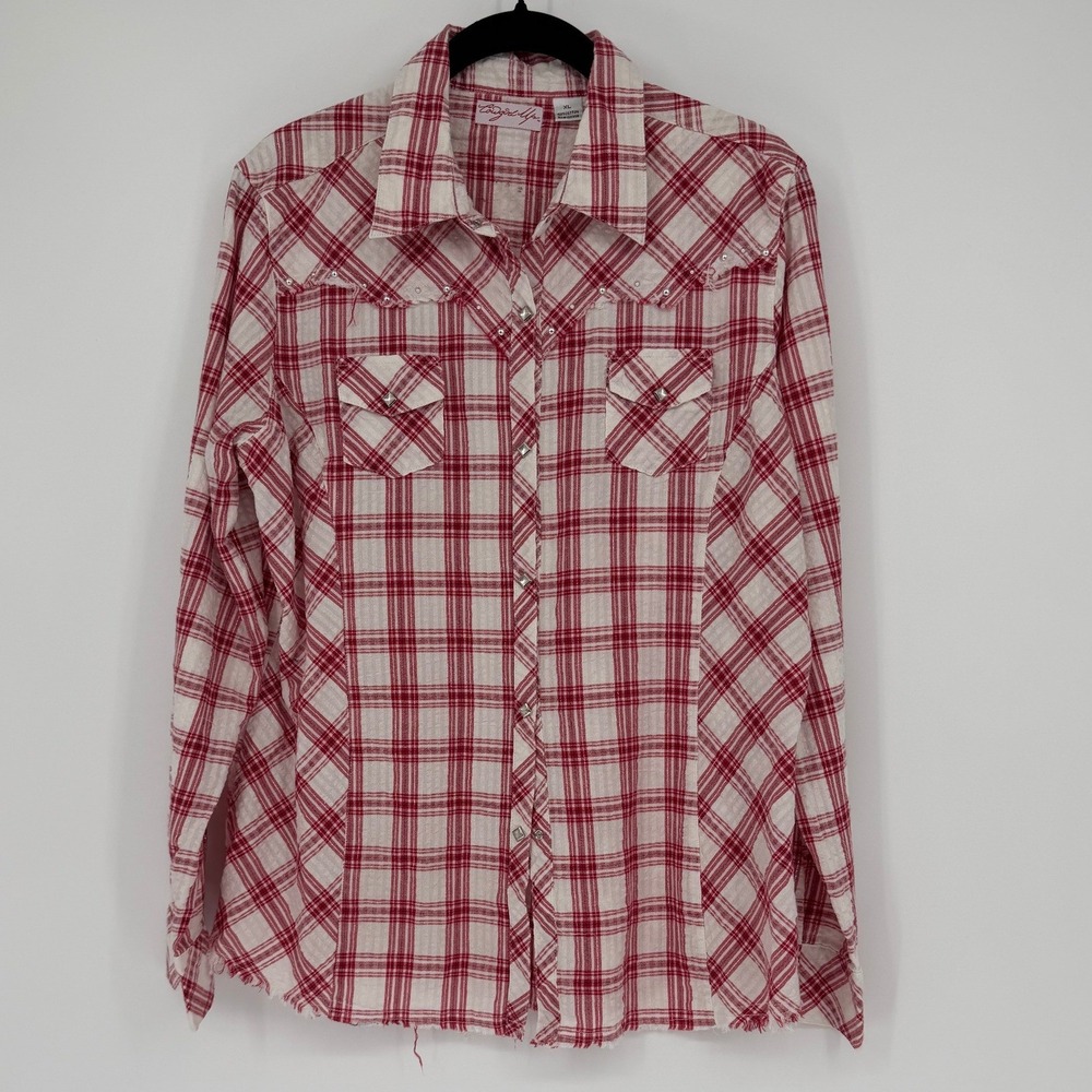 Cowgirl Up Western Snap Shirt XL Red White Plaid Studded Embroidered Yoke Cotton